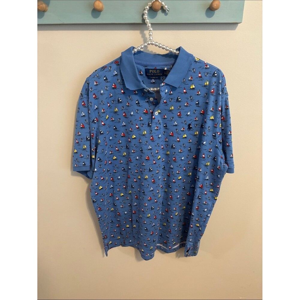 Polo by Ralph Lauren Blue Polo with Multicolor Sailboat Print size large